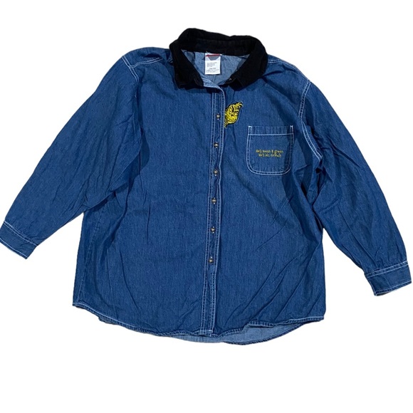 Dr. Seuss He’s Mean &‎ Green Grinch Denim Vintage Button Down - Picture 1 of 5